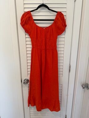 Women’s Red Midi Dress with Puff Sleeves